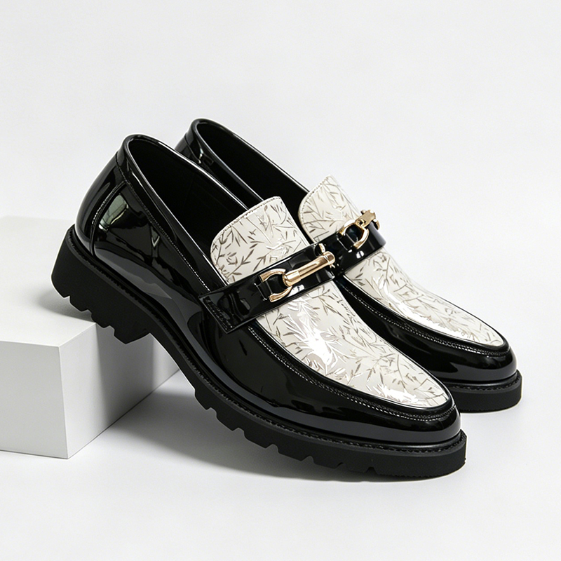 Men Formal Wear Shoes - Męskie dwukolorowe mokasyny ze skóry lakierowanej
