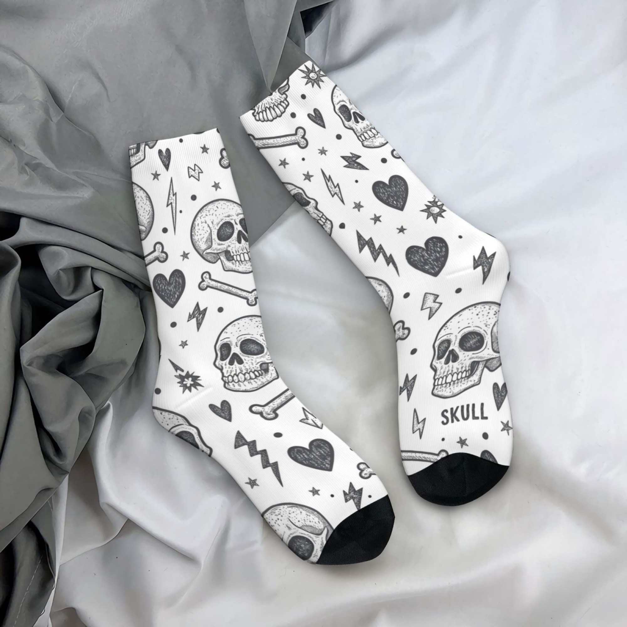Men'S Gothic Formal Wear - Czarne Białe Punkowe Skarpetki za Kostkę