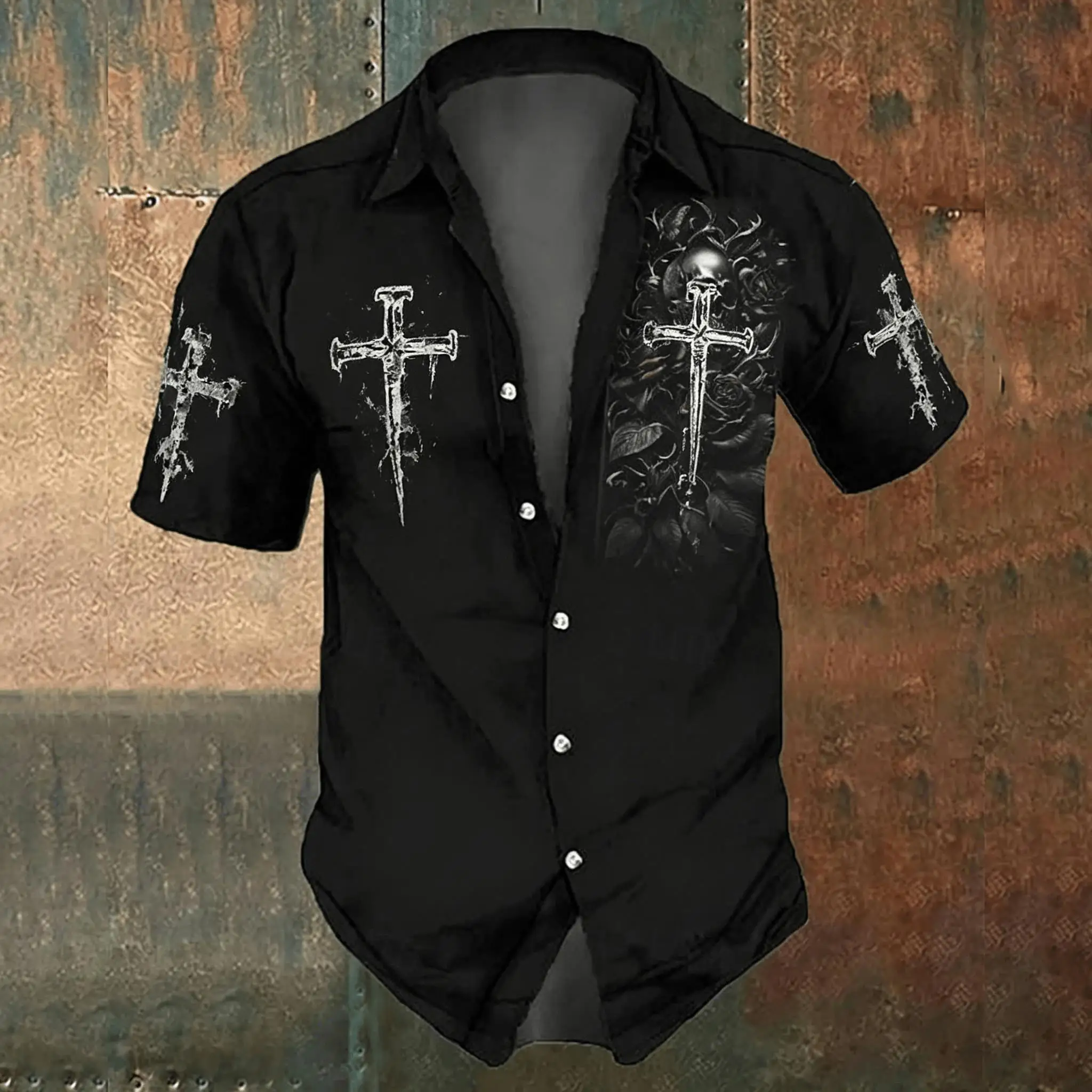 Men'S Gothic Formal Wear - Męska czarna koszula casual z nadrukiem