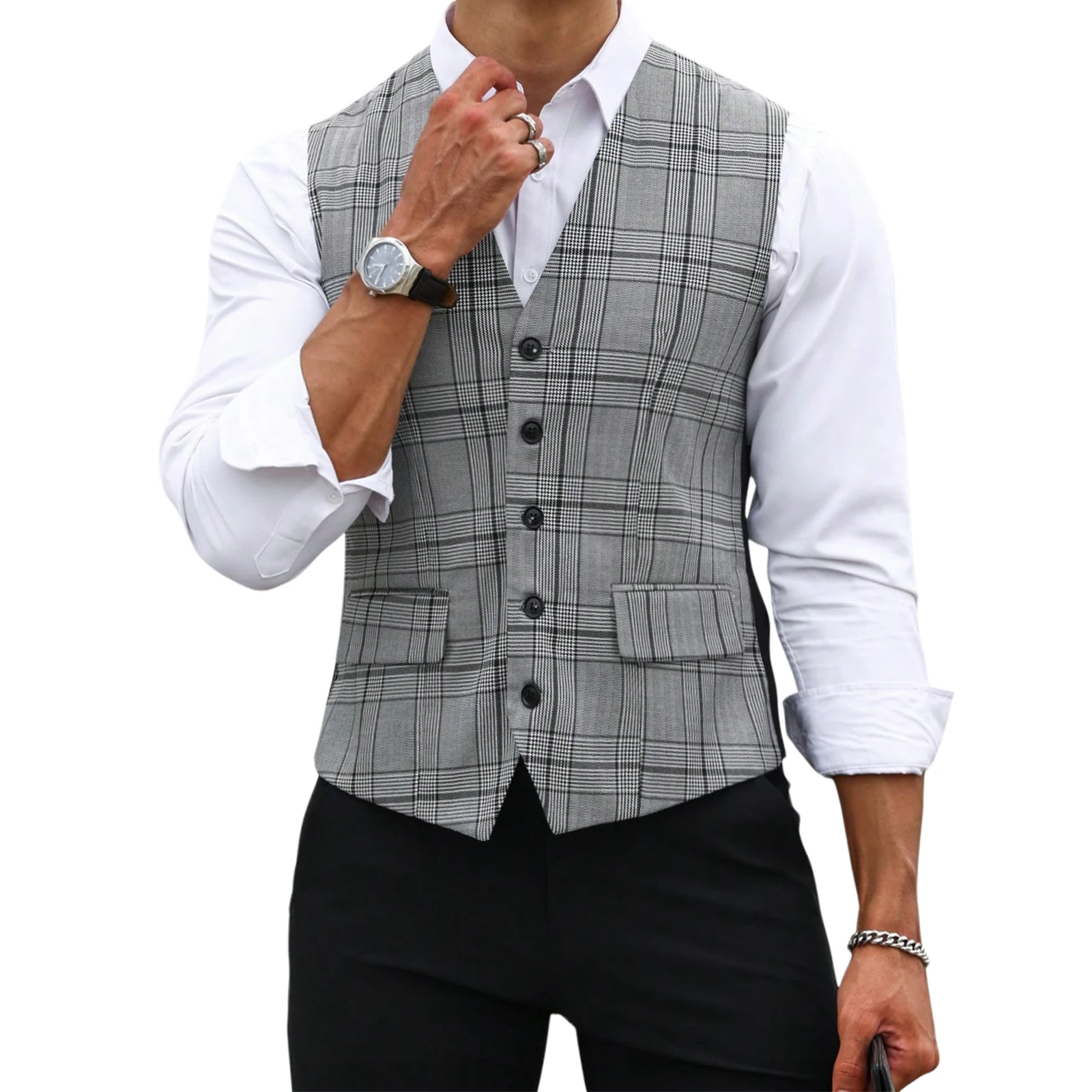 Formal Vest Waistcoat - Męska szara kamizelka w kratę, dopasowany