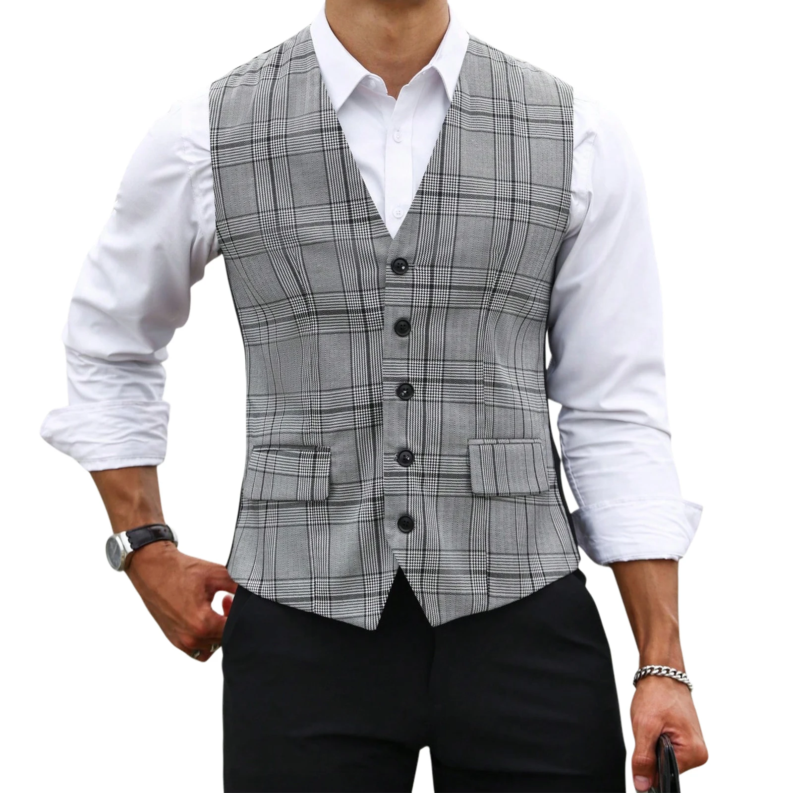 Męska szara kamizelka w kratę, – Formal Vest Waistcoat recenzja i cena