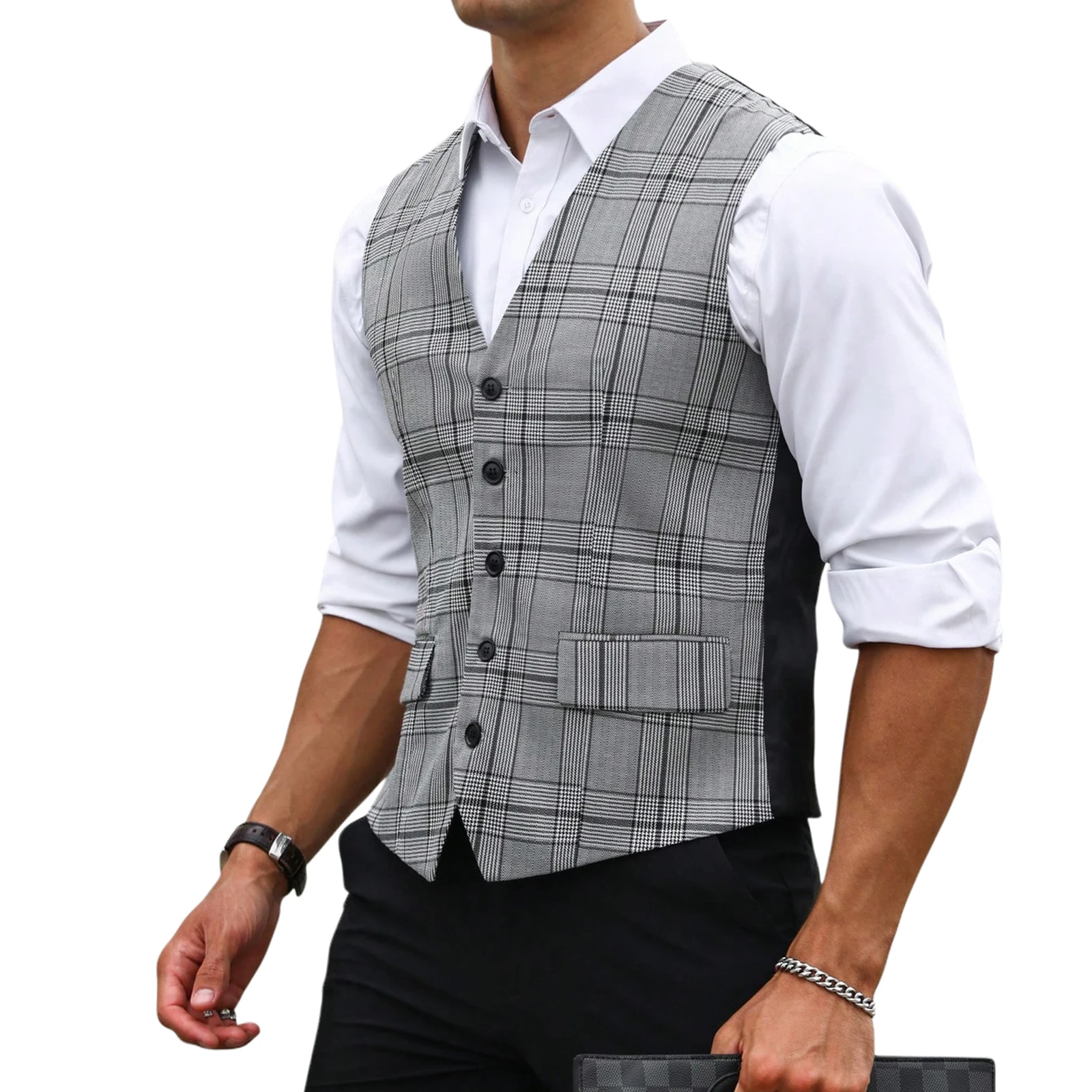 Męska szara kamizelka w kratę, – Formal Vest Waistcoat recenzja i cena